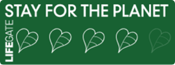 Logo verde con foglie a forma di cuore e testo 'Stay for the Planet'.