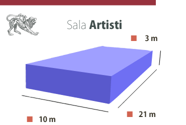 Sala Artisti: dimensioni 10x21x3 metri, rappresentata in un rettangolo tridimensionale.