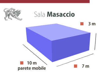 Sala Masaccio: spazio rettangolare 10x7x3 m con parete mobile.